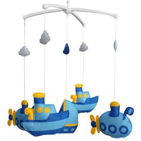 Blue Submarine Ferryboat Sailboat Baby Musical Crib Mobile Handmade Infant Gift Boys Girls Nursery Room Decor