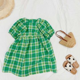 Baby Girls Plaid Pattern Pull-Sleeved Design O-Neck Long Dress In Summer (Color: Green, Size/Age: 130 (7-8Y))