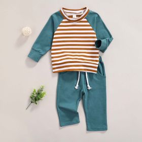 Baby Striped Pattern Contrast Design Hoodies Combo Solid Pants Sets (Color: Blue, Size/Age: 100 (2-3Y))