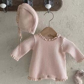 Baby Girl Solid Color Waffle Pattern Lace Design Long Sleeves Triangle Bodysuit (Color: Pink, Size/Age: 66 (3-6M))