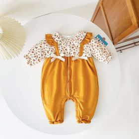 Baby Girl Ditsy Flower Pattern False 2 Pieces Design Thickened Thermal Jumpsuit (Color: Yellow, Size/Age: 73 (6-9M))