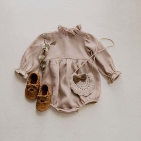 Baby Girl Solid Color Lace Design Long Sleeves Linen Cotton Bodysuit (Color: Khaki, Size/Age: 66 (3-6M))