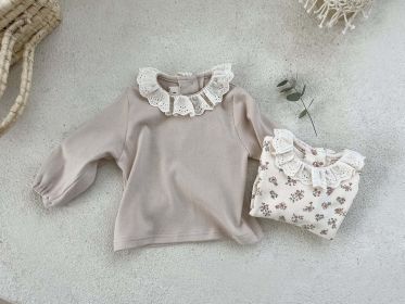 Baby Solid Color Floral Pattern Doll Neck Cotton Shirt (Color: Khaki, Size/Age: 110 (3-5Y))