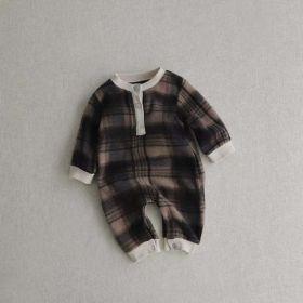 Baby Fashion Plaid Pattern Thin Fleece Autumn Romper (Color: Coffee, Size/Age: 80 (9-12M))