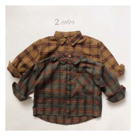 Baby Plaid Pattern Vintage Style Lapel Design Shirt (Color: Green, Size/Age: 120 (5-7Y))