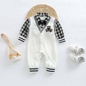 Baby Boy Plaid Patchwork Pattern Bear Embroidered Jumpsuit (Color: White, Size/Age: 66 (3-6M))