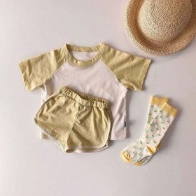 Baby Boys And Girls Color Patchwork Design Round Neck Short-Sleeved Top Combo Shorts Summer Cotton Sets (Color: Yellow, Size/Age: 100 (2-3Y))