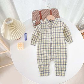 Baby Boy Classic Plaid Pattern Lapel Design Long Sleeve Rompers (Color: Apricot, Size/Age: 90 (12-24M))