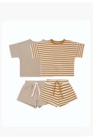 Baby Striped Pattern Color Matching Design Round Collar Short-Sleeved Top Combo Shorts Soft Sets (Color: Khaki, Size/Age: 73 (6-9M))