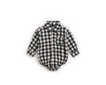 Baby Boy Plaid Pattern Buttoned Shirt With Pockets Long Sleeve Onesies In Autumn (Color: Black, Size/Age: 90 (12-24M))