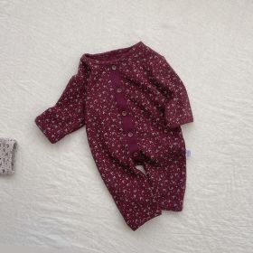 Baby Ditsy Flower Pattern Full Button Design Waffle Knit Rompers (Color: Red, Size/Age: 66 (3-6M))