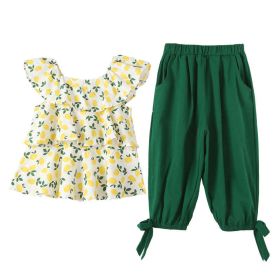 Baby Girl Floral Print Lace Design Tops Combo 1-Pieces Solid Pants Sets (Color: Green, Size/Age: 130 (7-8Y))