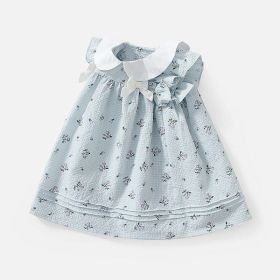 Baby Girl Flower Graphic Bow Tie Decoration Plaid Dress (Color: Blue, Size/Age: 90 (12-24M))