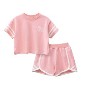 Baby Striped Sleeves Design T-Shirt Combo Shorts Sport Pieces Sets (Color: Pink, Size/Age: 130 (7-8Y))