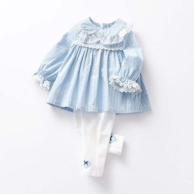 Baby Girl Heart Pattern Ruffle Doll Neck Shirt Combo Embroidered Pants Sets (Color: Blue, Size/Age: 110 (3-5Y))