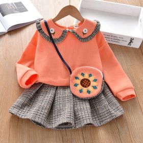 Baby Girl Floral Patches Doll Neck Pullover Hoodie Combo Pleated Skirt Sweet Vintage Style Sets (Color: Orange, Size/Age: 140 (8-10Y))