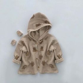 Baby Waffle Fabric Cartoon Bear Print Single Breasted Design Cardigan With Hat (Color: Coffee, Size/Age: 100 (2-3Y))