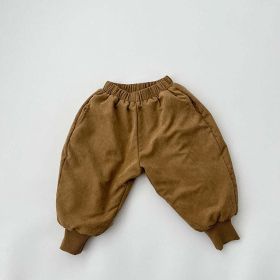 Baby Solid Color Thickened Lambswool Drawstring Casual Trousers (Color: Coffee, Size/Age: 110 (3-5Y))