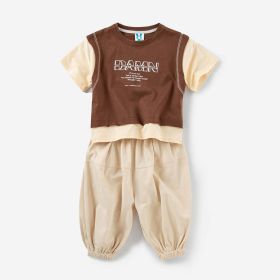 Letter Print Patchwork Design T-Shirt Combo Pants 2-Pieces Sets (Color: Brown, Size/Age: 150 (10-12Y))