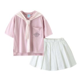 Girl Printed Pattern T-Shirt With Shawl Combo Short Pleated Skirt 2-Pieces Sets (Color: Pink, Size/Age: 130 (7-8Y))