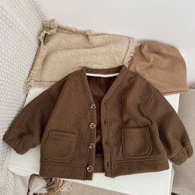 Baby Boy And Girl Solid Color Single Breasted Design V-Neck Thermal Autumn Jacket (Color: Brown, Size/Age: 130 (7-8Y))