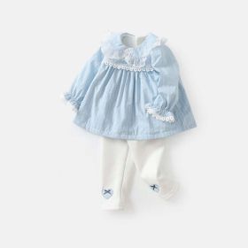 Baby Girl Solid Color Mesh Patchwork Design Shirt Combo Pants Sets (Color: Blue, Size/Age: 110 (3-5Y))