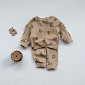 Baby Waffle Fabric Cartoon Bear Graphic Hoodies Combo Trousers Autumn Casual 1 Pieces Sets (Color: Coffee, Size/Age: 80 (9-12M))