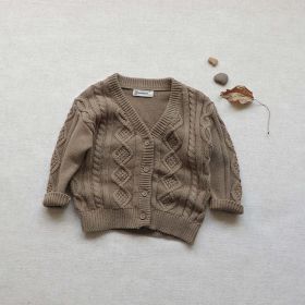 Baby Crochet Kint Pattern Solid Color V-Neck Single Breasted Cardigan (Color: Coffee, Size/Age: 90 (12-24M))