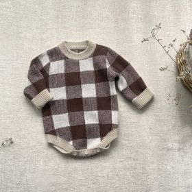 Baby Plaid Graphic Long Sleeve Crewneck Knit Thickened Onesies (Color: Coffee, Size/Age: 90 (12-24M))