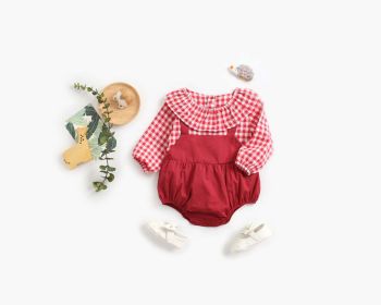 Baby Girl 1pcs Plaid Pattern False 1-Piece Design Ruffle Neck Onesies (Color: Red, Size/Age: 80 (9-12M))