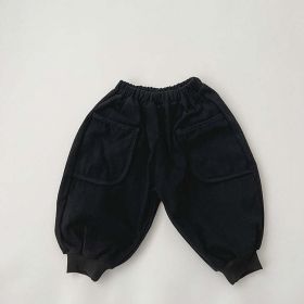 Baby Solid Color Casual Double Layel Thickened Vintage Style Pants (Color: Black, Size/Age: 130 (7-8Y))