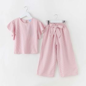 Girl Striped Pattern Tops Combo Bow Belt Pants Summer 1-Pieces Sets (Color: Pink, Size/Age: 120 (5-7Y))