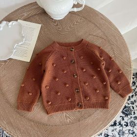 Baby Solid Color Fur-Ball Patched Design Cardigan (Color: Brown, Size/Age: 90 (12-24M))