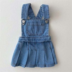 Baby Girl Denim Fabric Strap Design Pleated Dress Fashion Korean Style Dress (Color: Blue, Size/Age: 80 (9-12M))