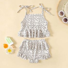 Baby Girl Floral Print Pattern Belt Design Sling Tops Combo Shorts Swimsuit Sets In Summer (Color: Beige, Size/Age: 73 (6-9M))