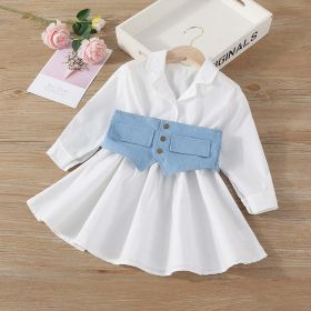 Baby Solid Color Waistband Patched Design Fashion Dress In Summer (Color: Blue, Size/Age: 130 (7-8Y))