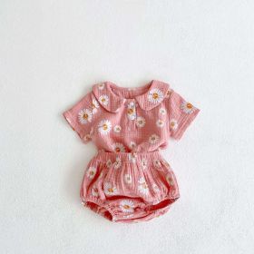 Baby Girl Floral Print Doll Collar Design Neck Buttoned Tops Combo Shorts Sets (Color: Pink, Size/Age: 80 (9-12M))