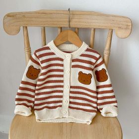 Baby Striped Pattern Cartoon Bear Patched Design Onesies With Cardigan (Color: Brown, Size/Age: 100 (2-3Y))