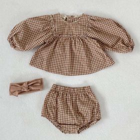 Baby Girl Plaid Pattern Loose Blouses WIth Shorts Headband 3 Pieces Sets (Color: Brown, Size/Age: 90 (12-24M))