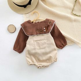 Baby Embroidered Pattern Lapel Cotton Shirt Combo Corduroy Strap Onesies Sets (Color: Beige, Size/Age: 90 (12-24M))