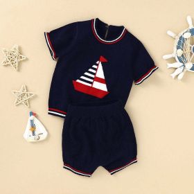 Baby Boy Embroidered Graphic Striped Neck & Sleeve Design Tee Combo Shorts Sailor Style Sets (Color: Black, Size/Age: 90 (12-24M))