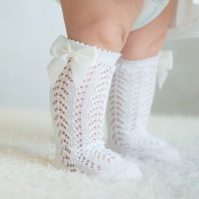 Children's Solid Color Mesh Bow Mid Length Socks With Removable Loops (Option: White-S foot length10cm)