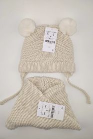 Fake Fur Ball Decorative Baby Knitted Wool Hat Knitted Scarf Two-piece Set (Option: Rice white-Small size)